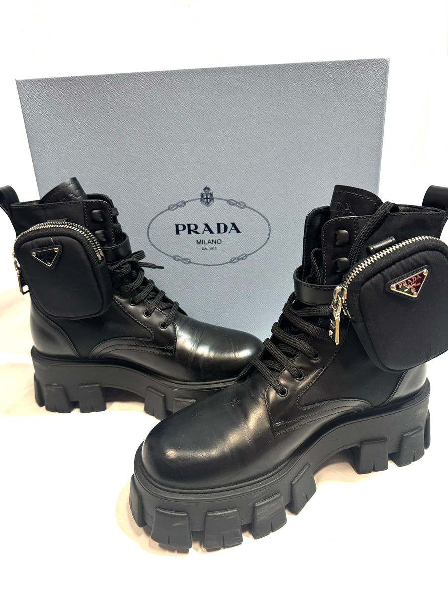 Prada monolith leather Re nylon boots with pouch thankunext.us