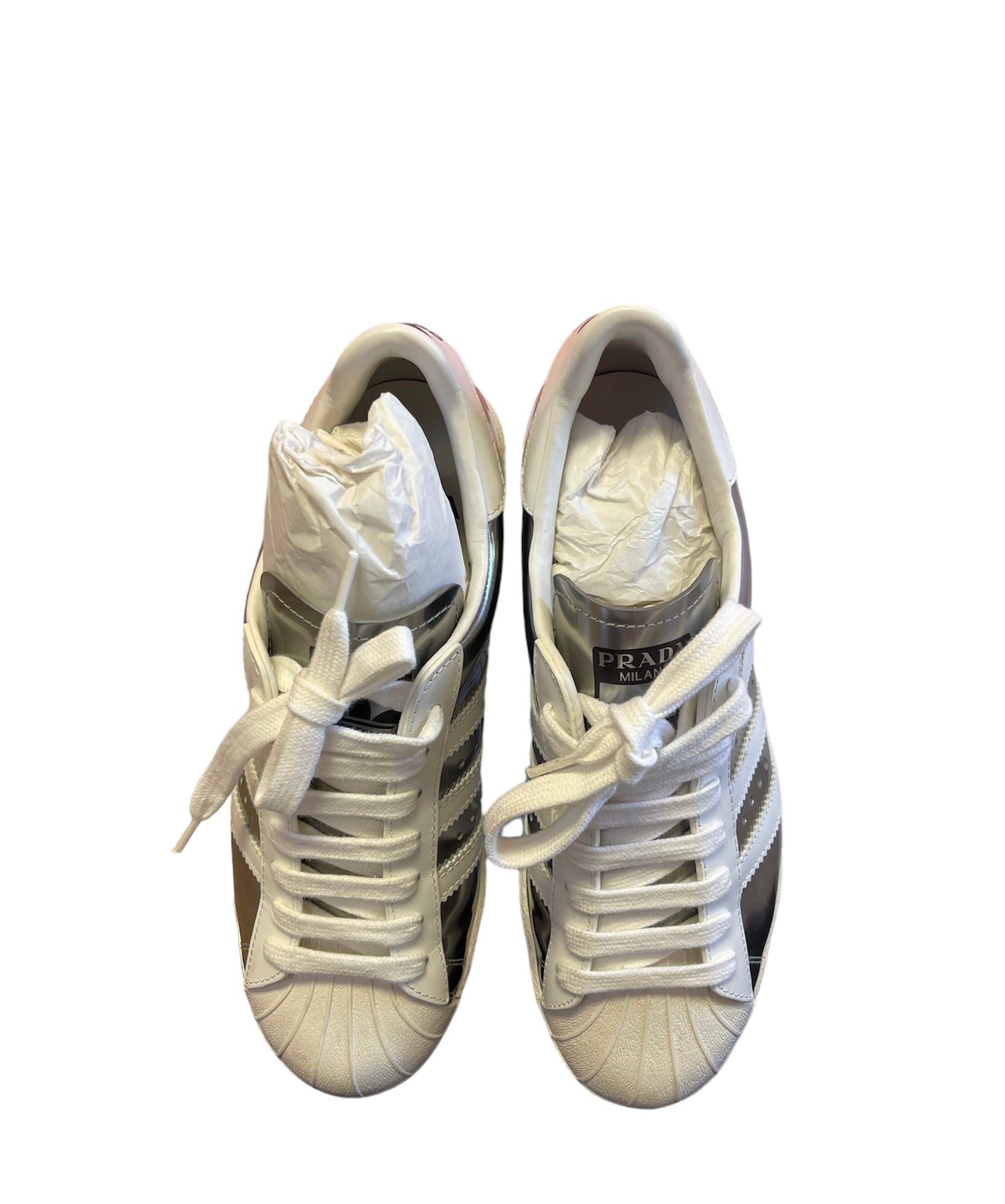 Prada X Adidas Superstar silver Sneakers – thankunext.us