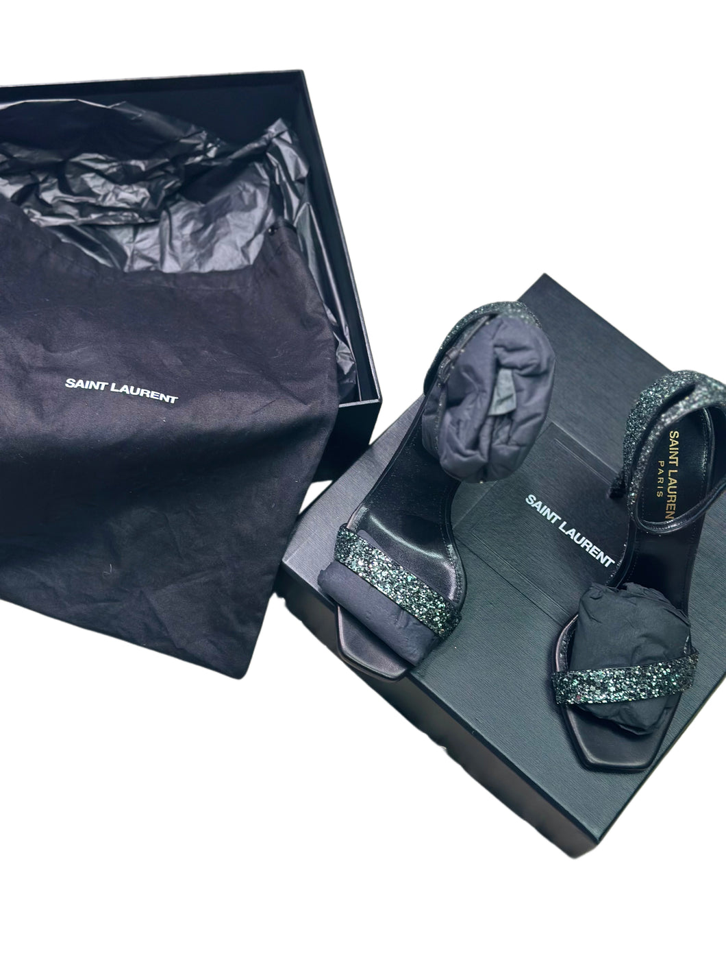 Saint Laurent Green Glitter Amber 101 Ankle Strap Heel