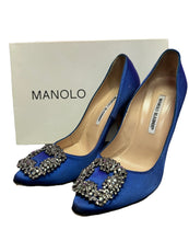 Load image into Gallery viewer, Manolo Blahnik Blue Satin Heels
