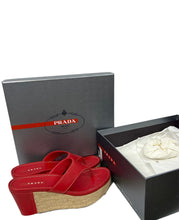 Load image into Gallery viewer, Prada Red Thong Leather Mule Wedge Sandal
