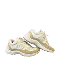 Load image into Gallery viewer, Chanel Suede Leather White &amp; Gold Sneakers
