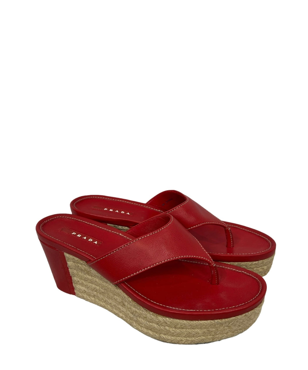 Prada Red Thong Leather Mule Wedge Sandal