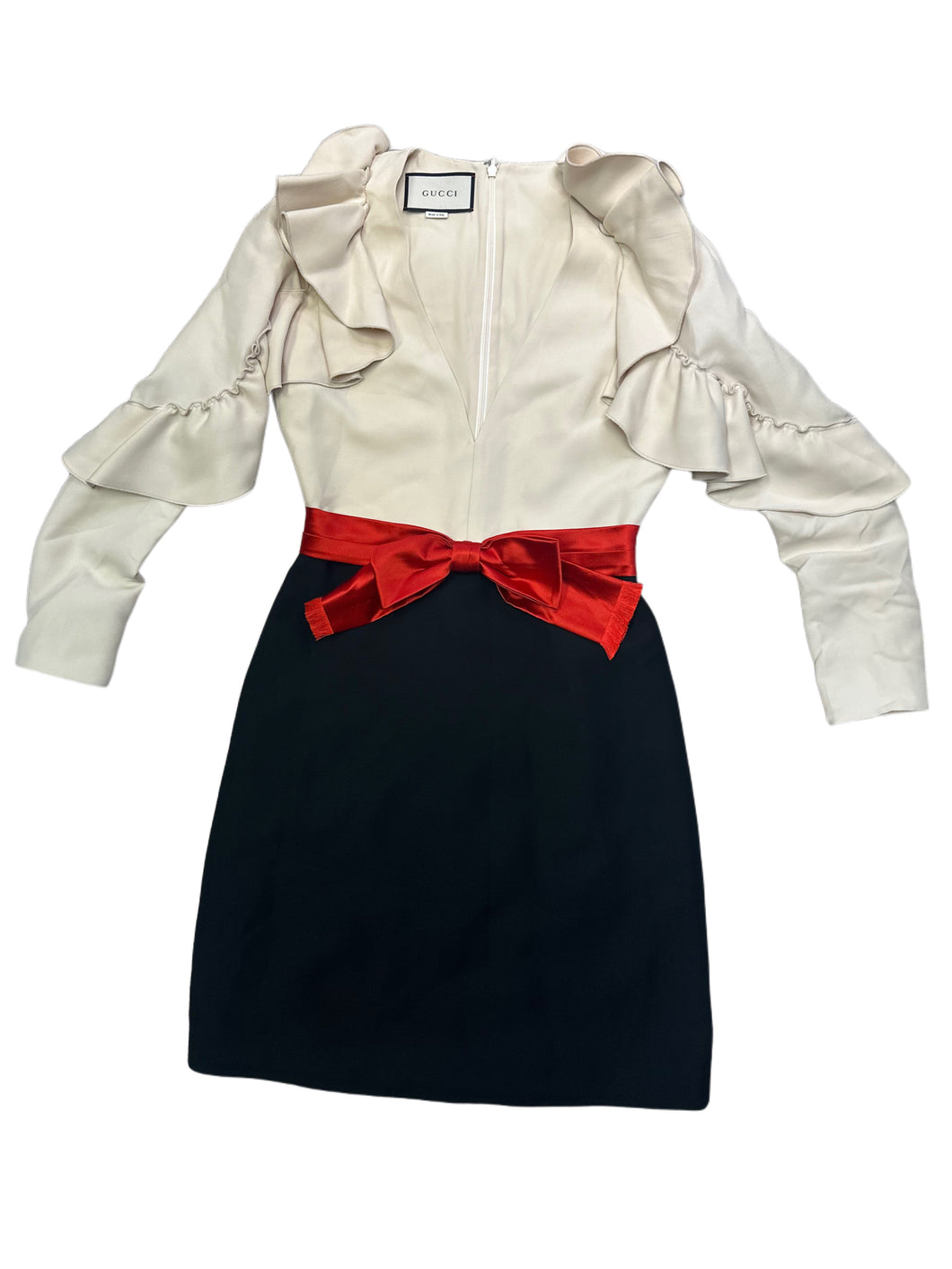 Gucci Long Sleeve Ruffle Dress W/Bow Belt