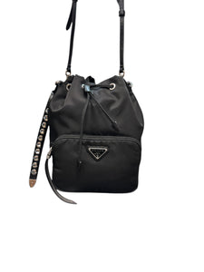 Prada Black Nylon Studded Bucket Bag