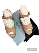 Load image into Gallery viewer, Prada Nude Crocodile Crisscross Ankle Strap Block Heel Sandals
