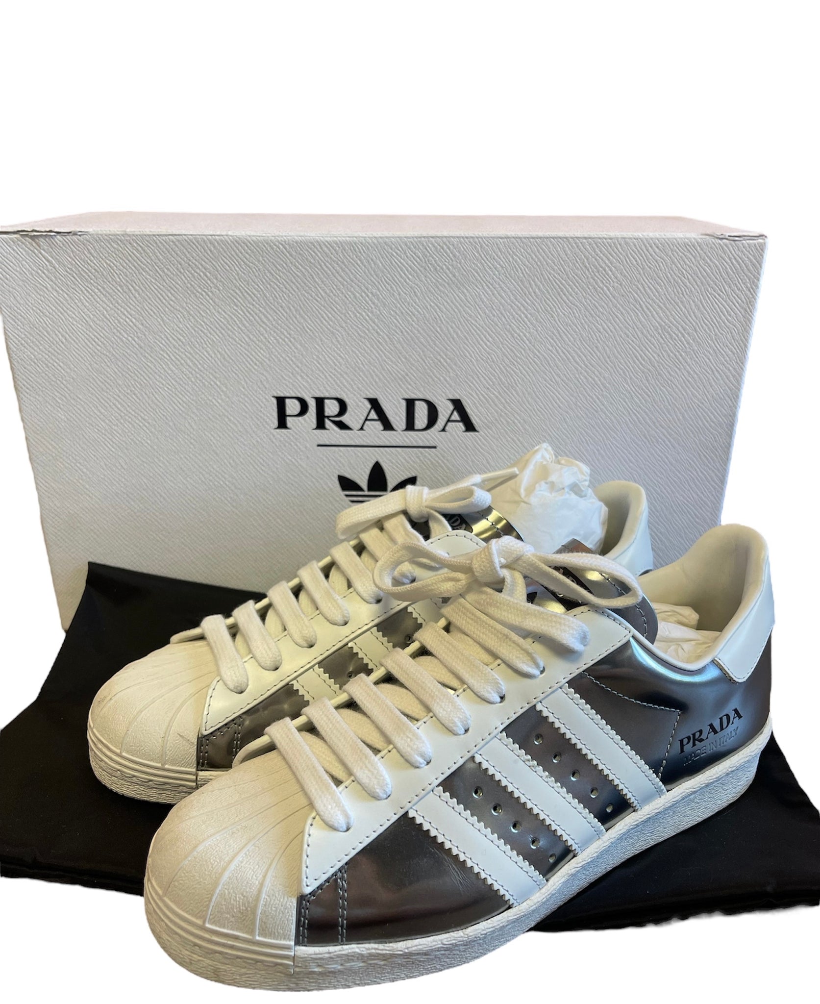 Prada X Adidas Superstar silver Sneakers – thankunext.us