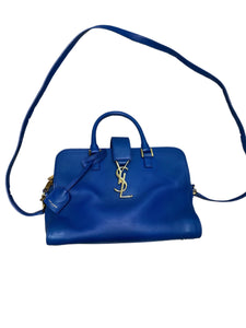 YSL Medium Monogram Blue Leather Cabas