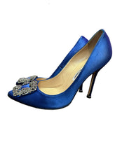 Load image into Gallery viewer, Manolo Blahnik Blue Satin Heels

