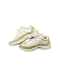 Load image into Gallery viewer, Chanel Suede Leather White &amp; Gold Sneakers
