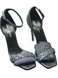 Saint Laurent Green Glitter Amber 101 Ankle Strap Heel