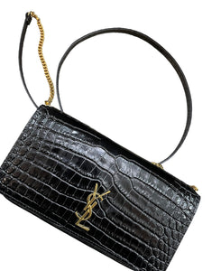 YSL Saint Laurent Black Croc embossed leather