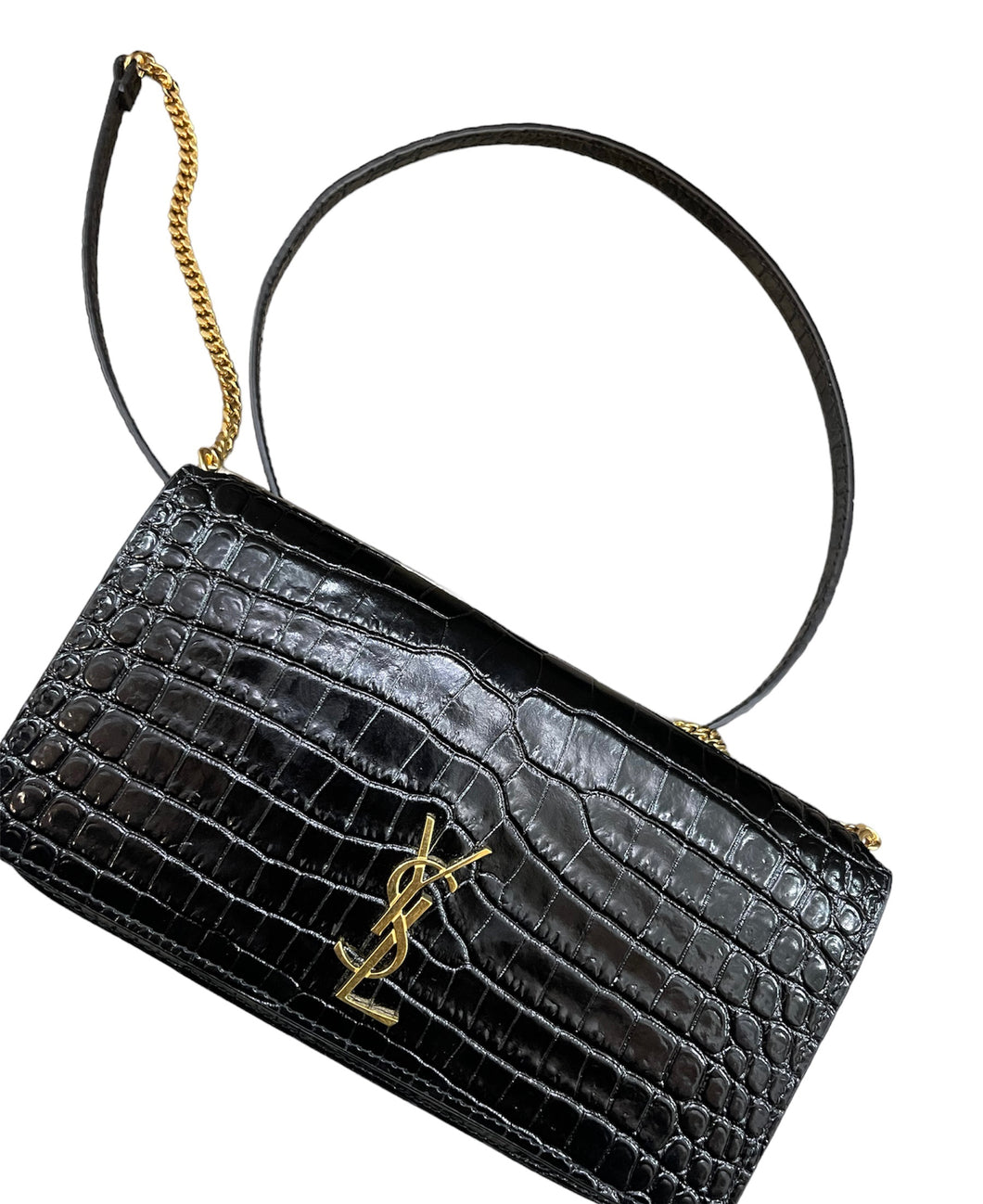 YSL Saint Laurent Black Croc embossed leather