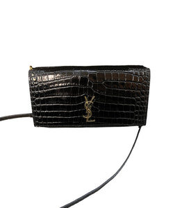 YSL Saint Laurent Black Croc embossed leather