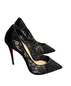 Christian Louboutin Lace Black Suede and Lace Follies Pointed Toe Pumps