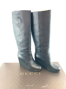 Gucci Black Leather Wedge Boots