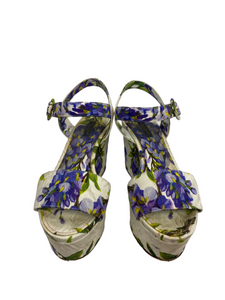 Dolce Gabbana White Floral Print Canvas Wedge