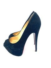 Load image into Gallery viewer, Christian Louboutin Highness Peep Toe Black Suede Pumps
