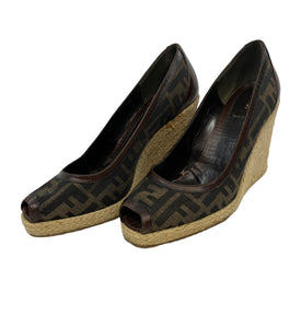 Fendi Tobacco Zucca Print Canvas Peep-Toe Wedges