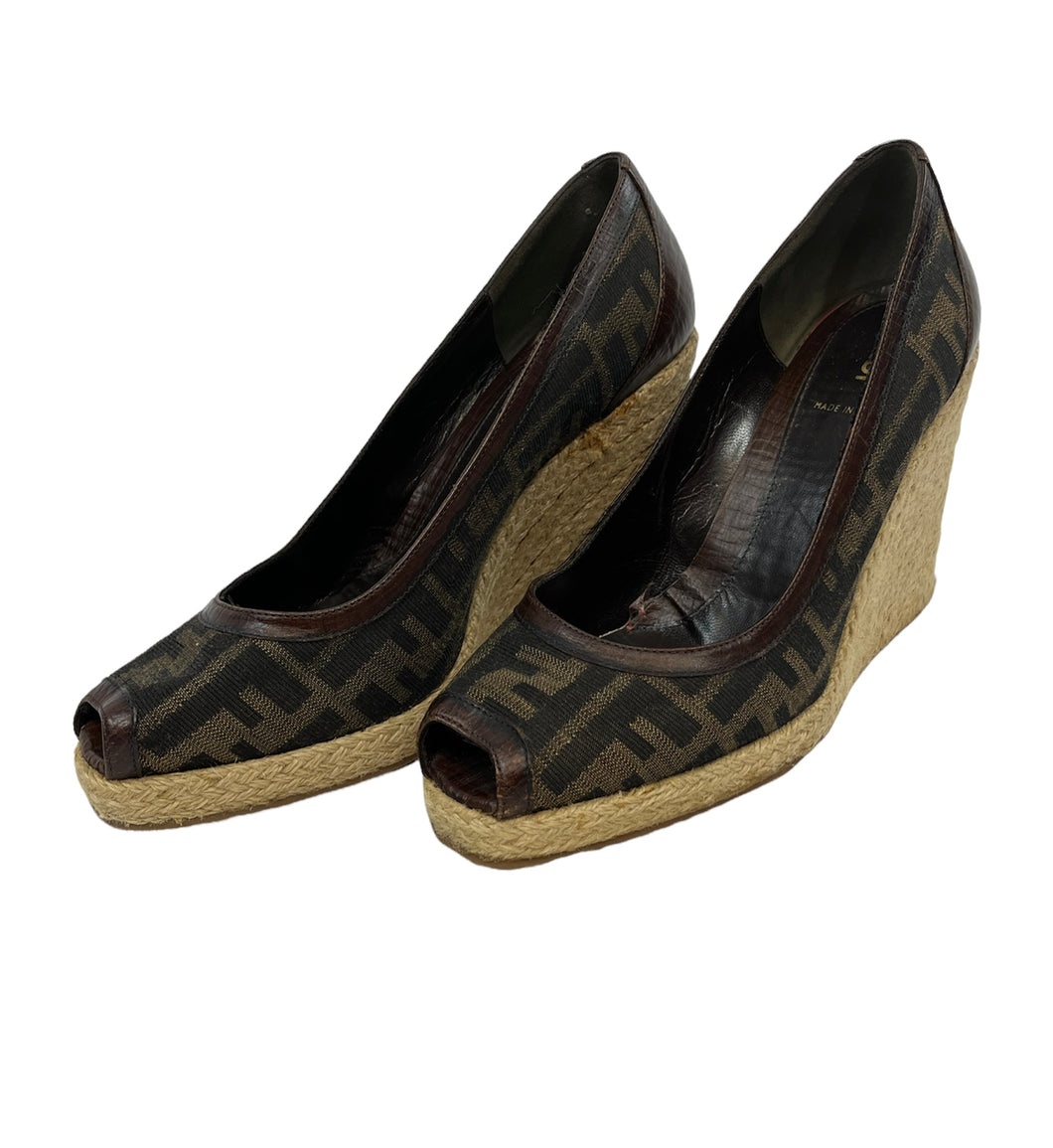 Fendi Tobacco Zucca Print Canvas Peep-Toe Wedges