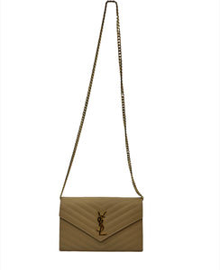 YSL MATELASSÉ ENVELOPE CHAIN WALLET IN GRAIN DE POUDRE EMBOSSED LEATHER