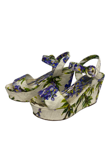 Dolce Gabbana White Floral Print Canvas Wedge